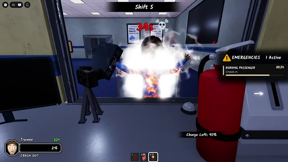 Fire extinguisher spraying a burning passenger at Check-in